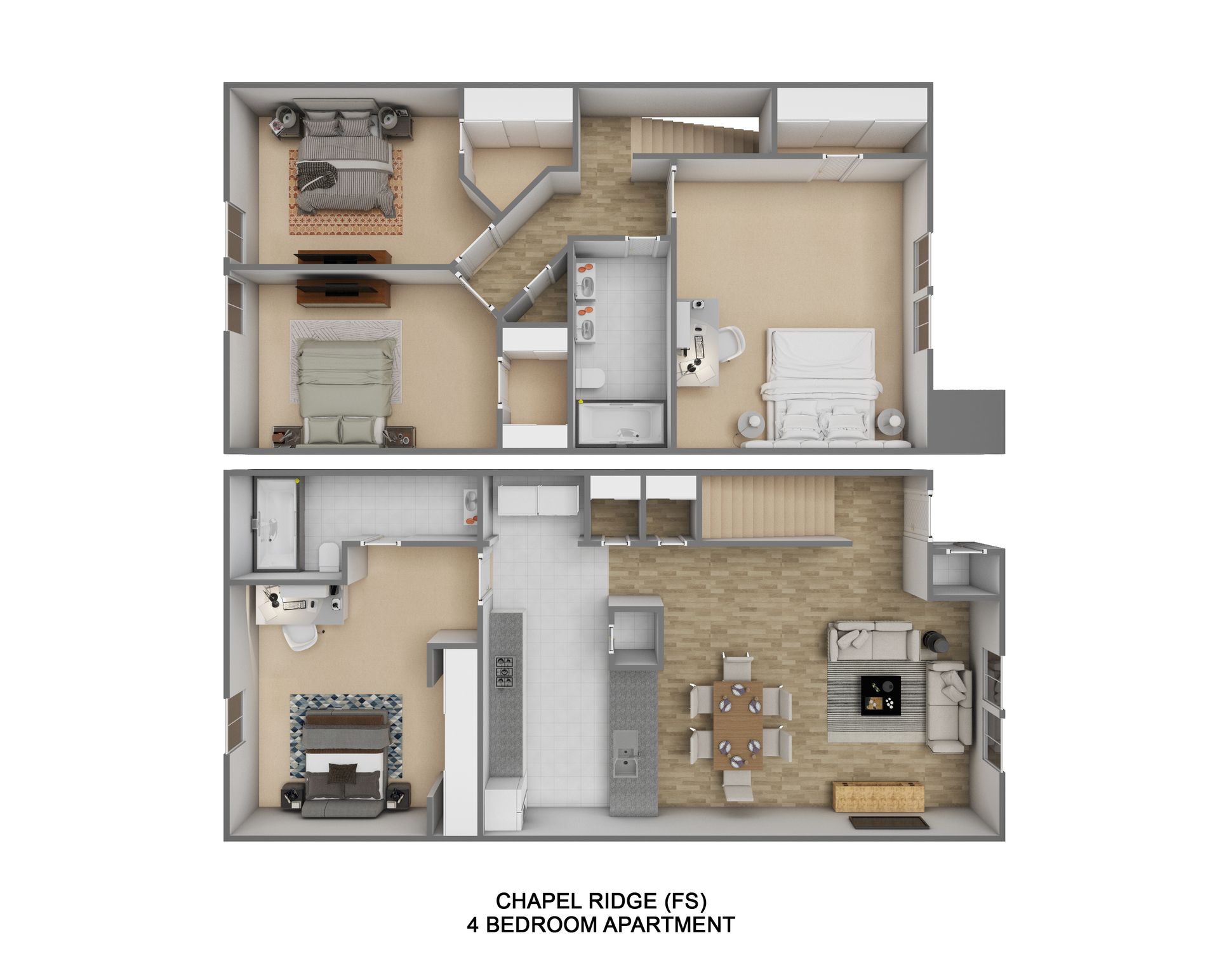A 3d floor plan of a house with two bedrooms