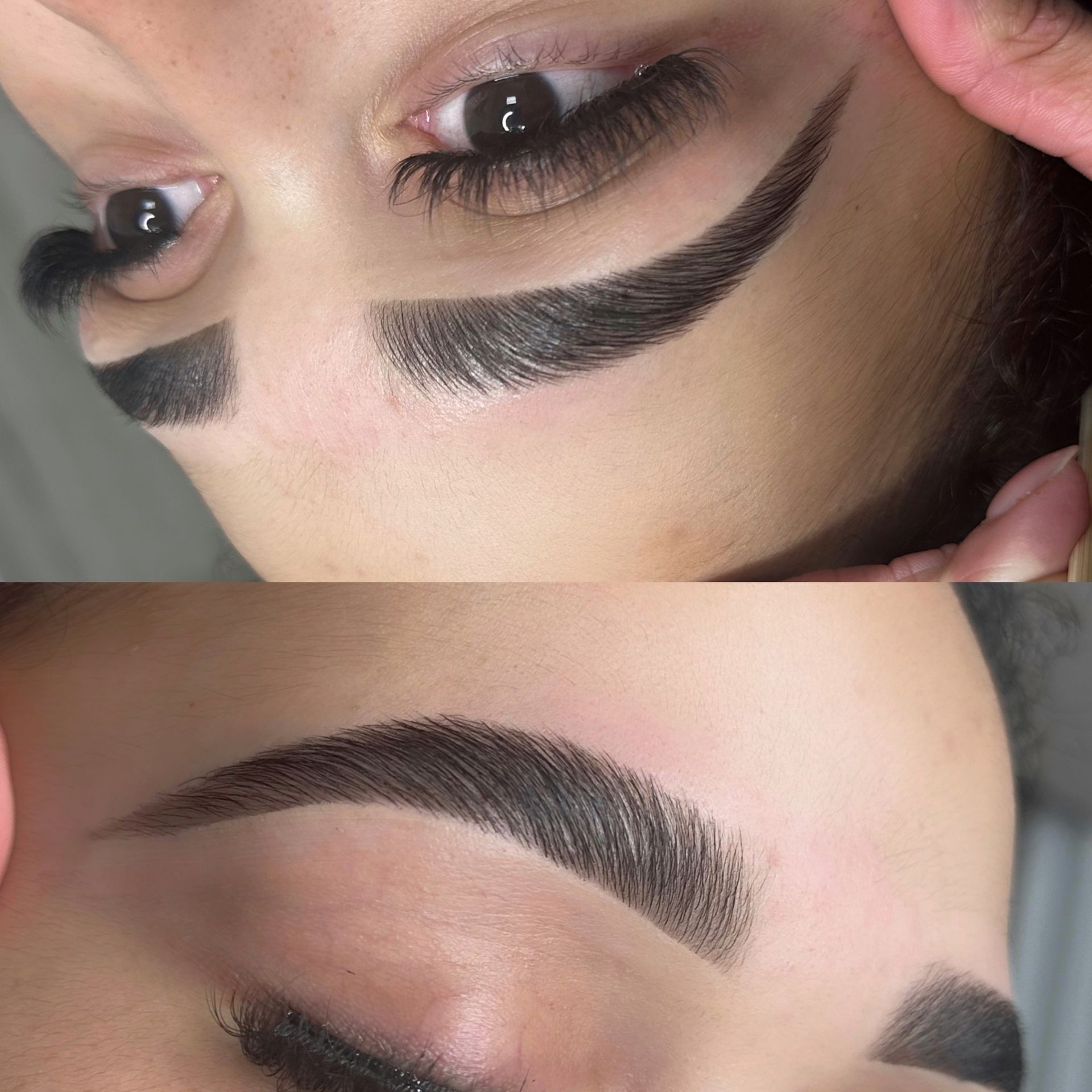 A before and after picture of a woman 's eyebrows.