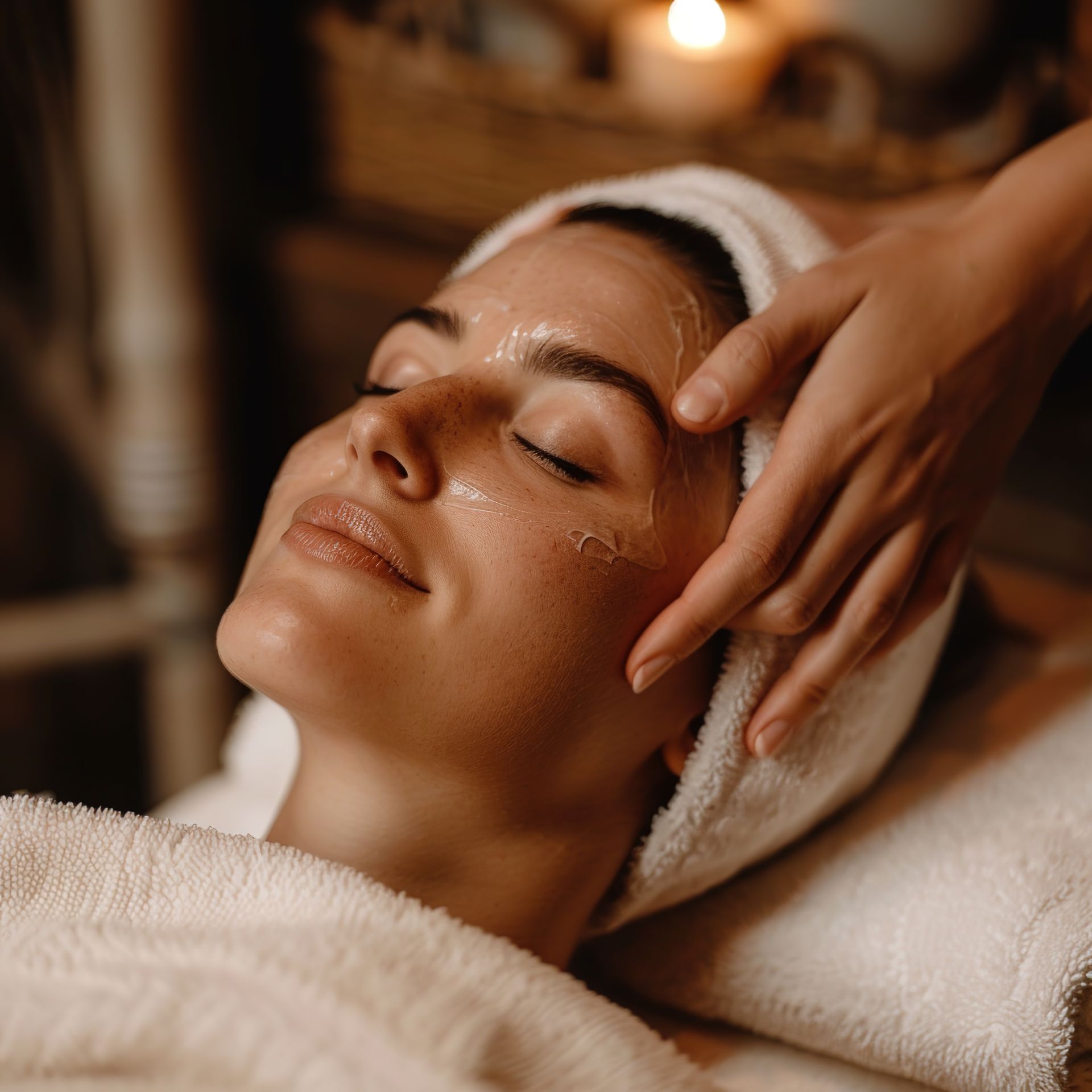 A woman with a towel wrapped around her head is getting a facial massage.
