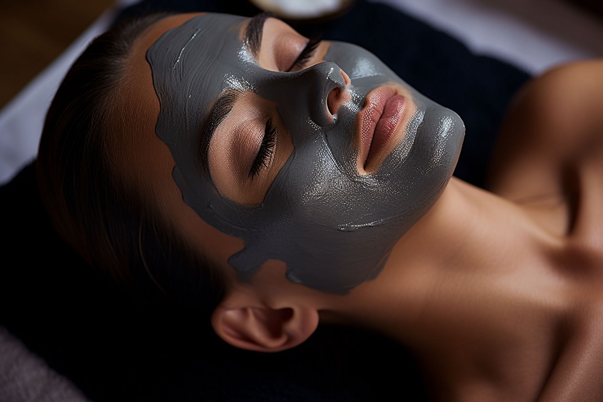 A woman is laying on a bed with a clay mask on her face.