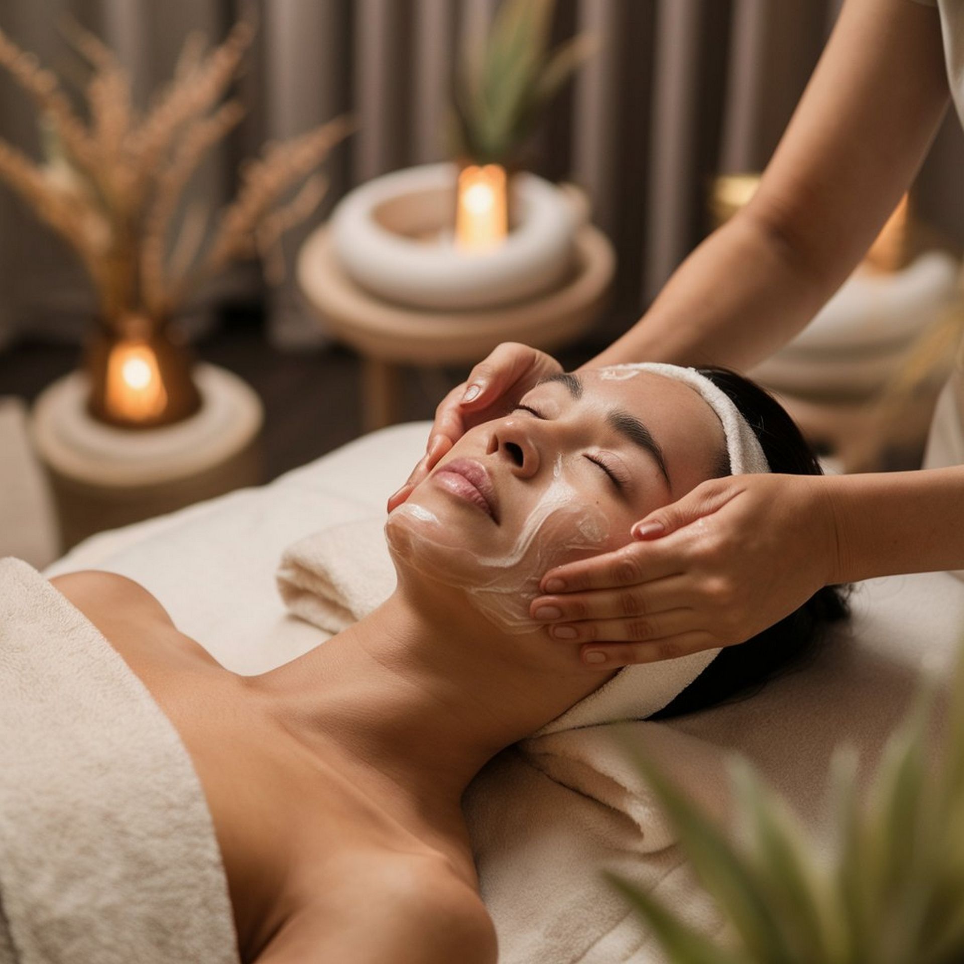A woman is getting a facial massage at a spa.