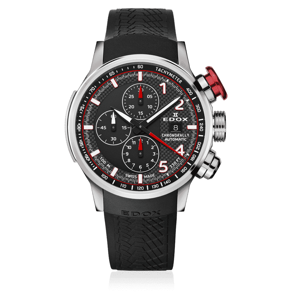 Zilverkleurig en zwart Edox horloge met rode accenten, zwarte rubberen band en drie subwijzerplaten.