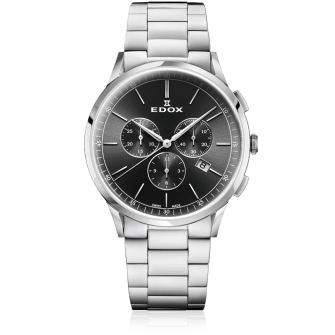 Zilveren EDOX chronograaf horloge met een donkergrijze wijzerplaat en roestvrijstalen band.