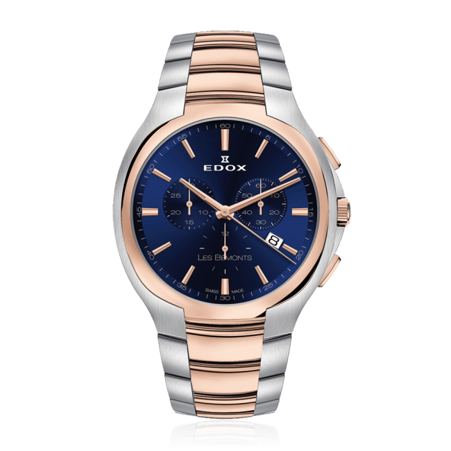 Edox Les Bémonts horloge van zilver en roségoud met een blauwe wijzerplaat en chronograaf-subwijzerplaten.