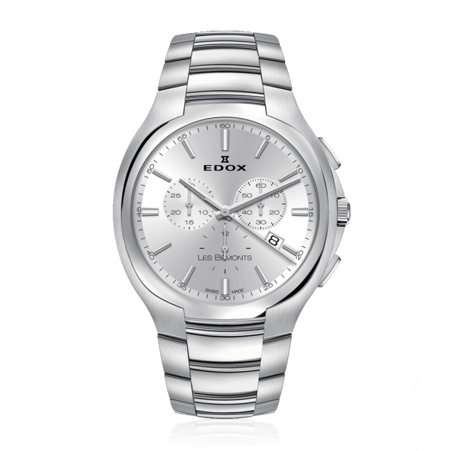 Zilveren Edox Les Bémonts chronograaf polshorloge met een zilveren wijzerplaat en roestvrijstalen band.