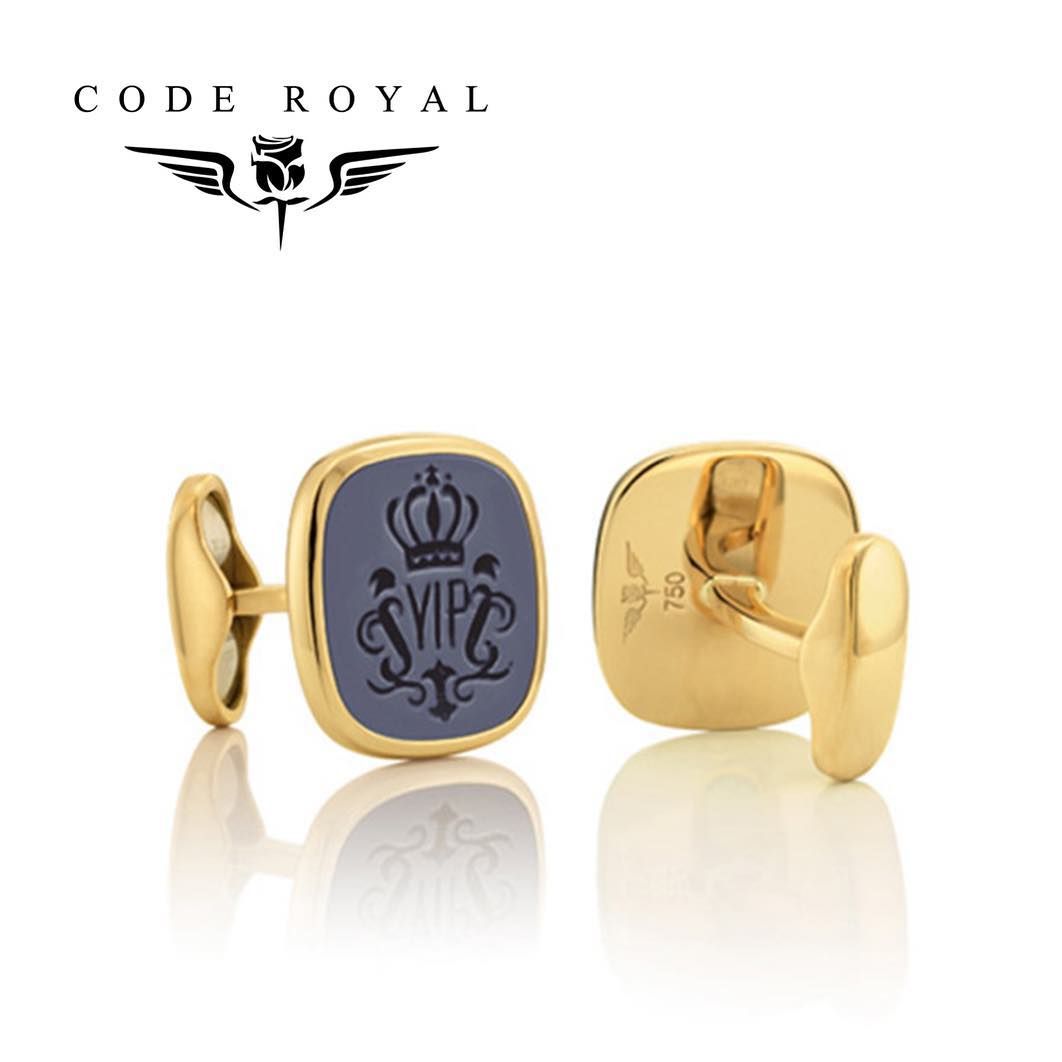 Gouden manchetknopen met donkerblauwe vierkante inleg, kroonmotief, merklogo
