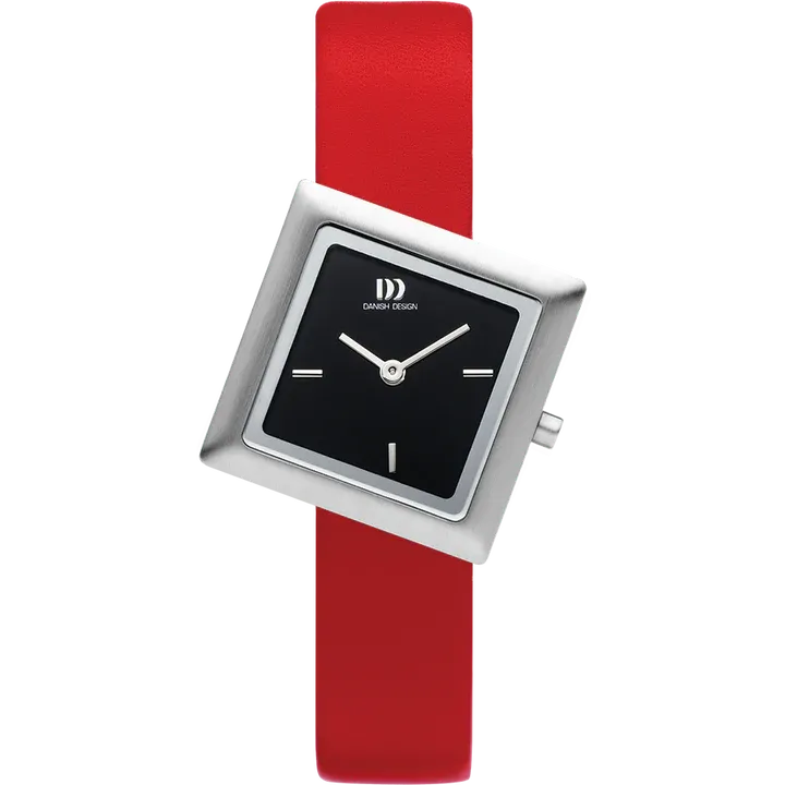 Horloge met rode band, zilveren, vierkante wijzerplaat en zwarte wijzerplaat.