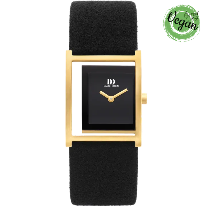 Zwart en goudkleurig horloge met een vierkante wijzerplaat en een veganistisch label.