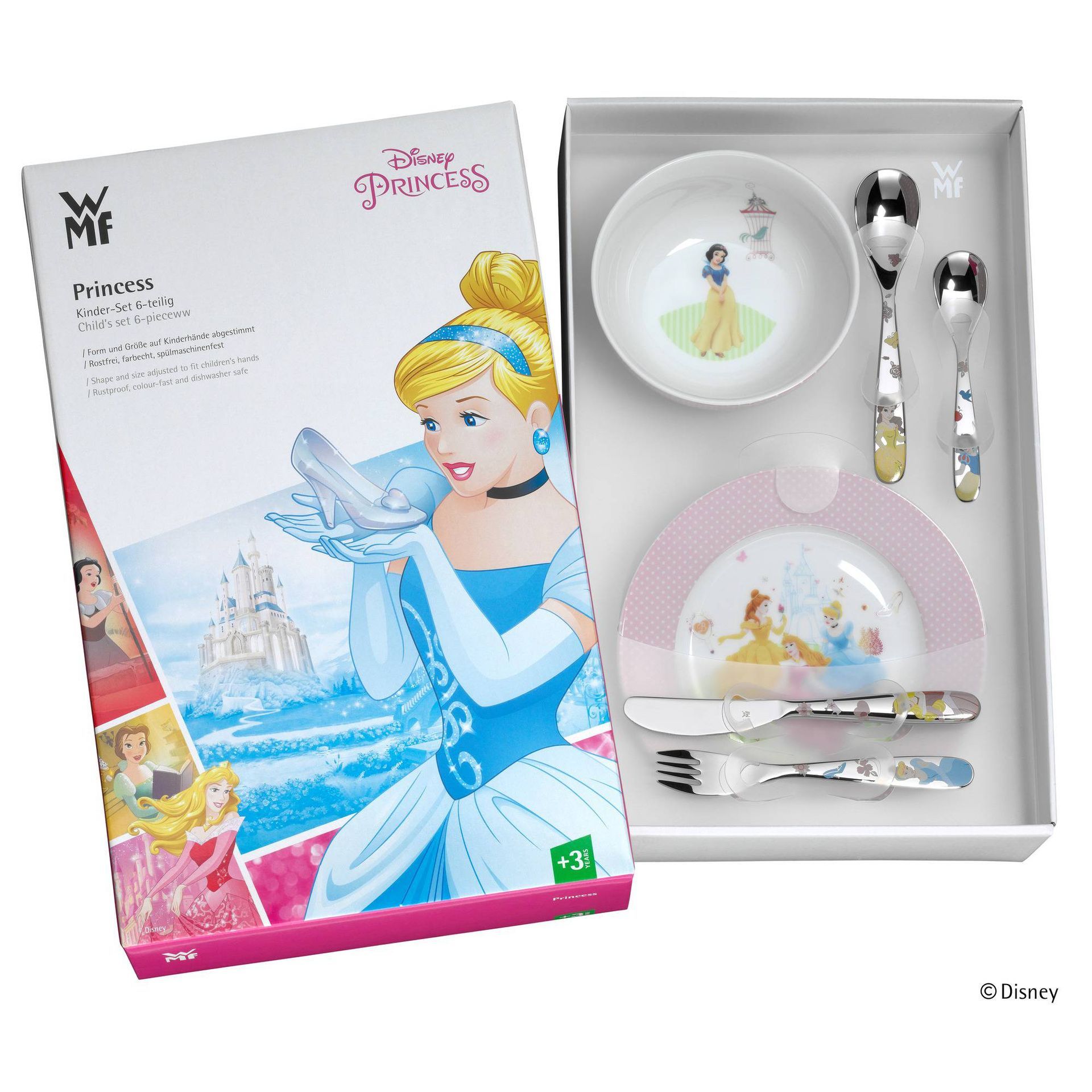 Disney Princess kinder-eetset in doos: Assepoester op doos; kom, bord, mes, vork, lepels.