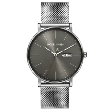 Jacob Jensen horloge met grijze wijzerplaat en meshband.