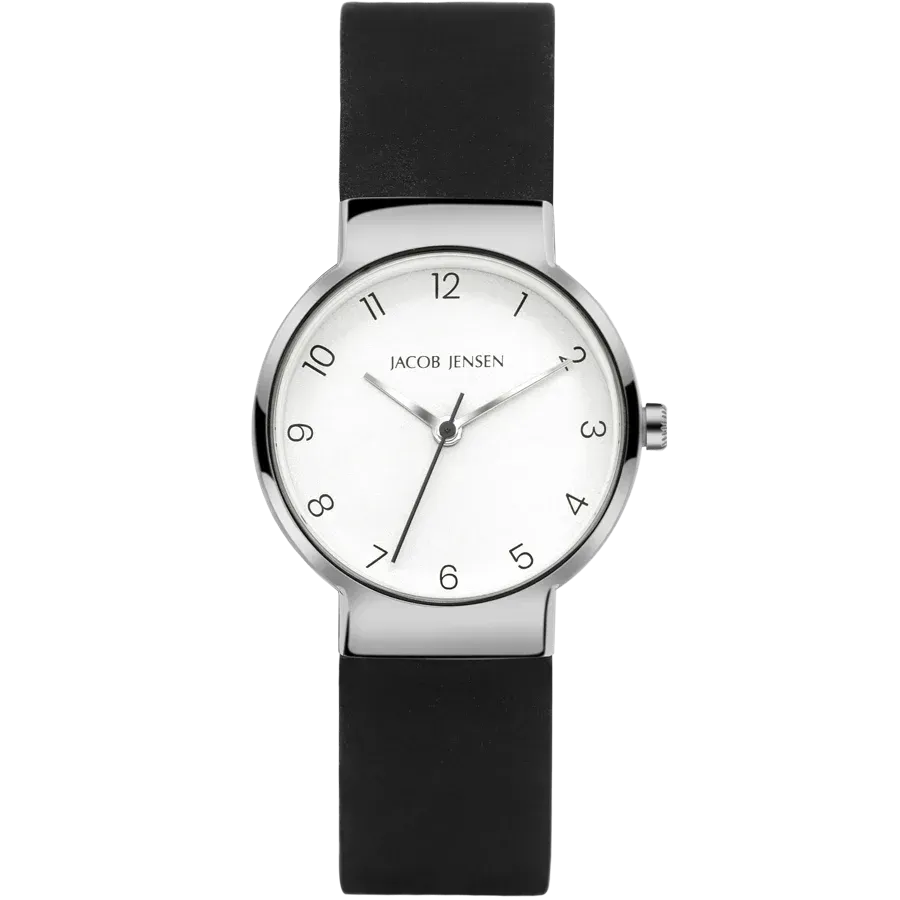 Zilveren horloge met zwarte band en witte wijzerplaat; minimalistisch design.