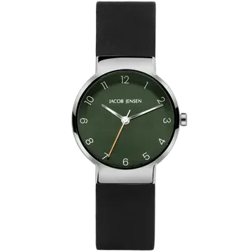 Zilveren horloge met donkergroene wijzerplaat en zwarte band.