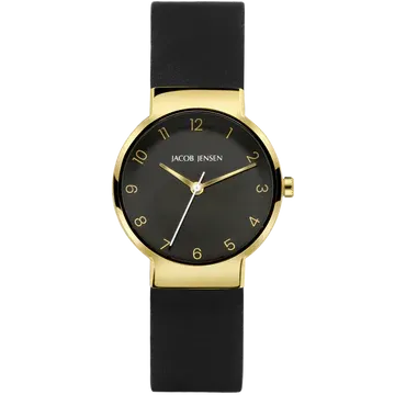 Goudkleurig en zwart polshorloge met zwarte band en gouden accenten.