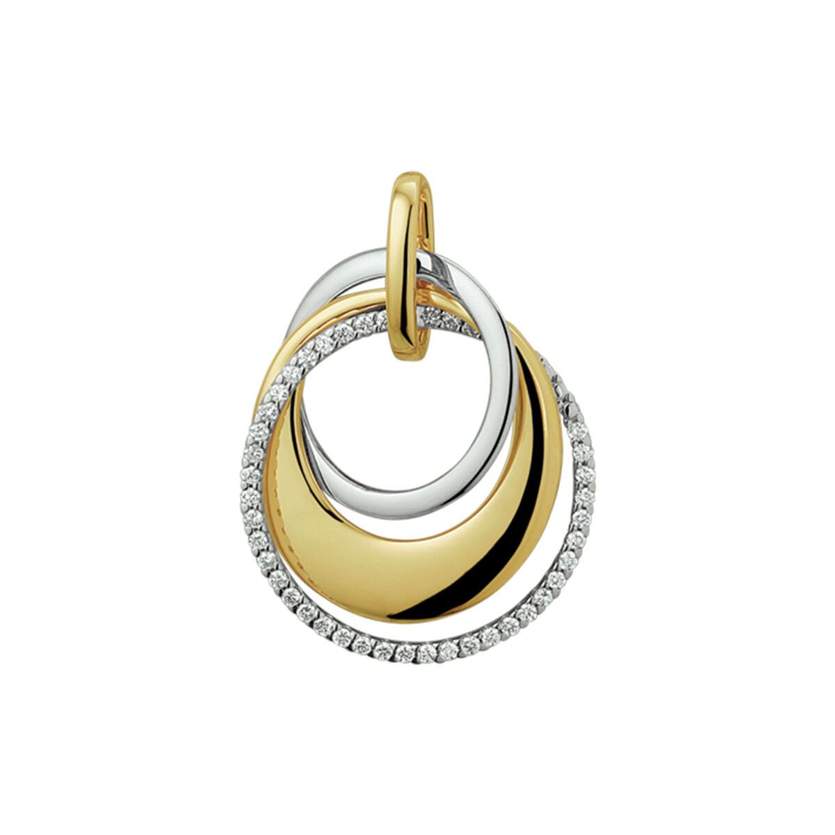 Hanger van goud en zilver met drie in elkaar grijpende ovalen, waarvan er één bezet is met diamanten.