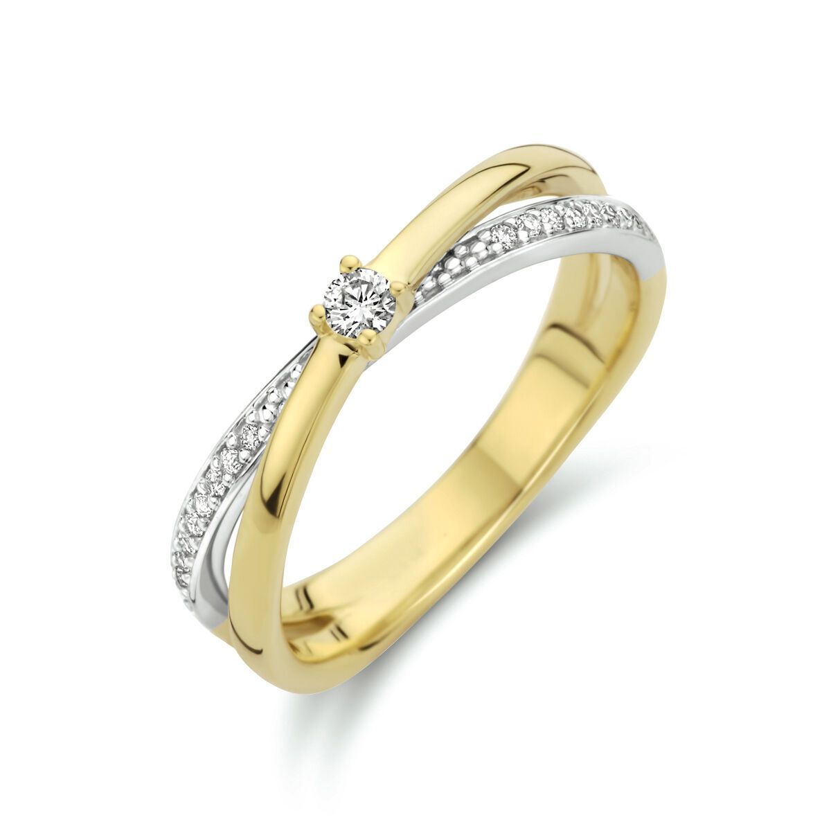 Tweekleurige gouden ring met kruisende banden, waarvan één met kleine diamanten en een centrale diamant.