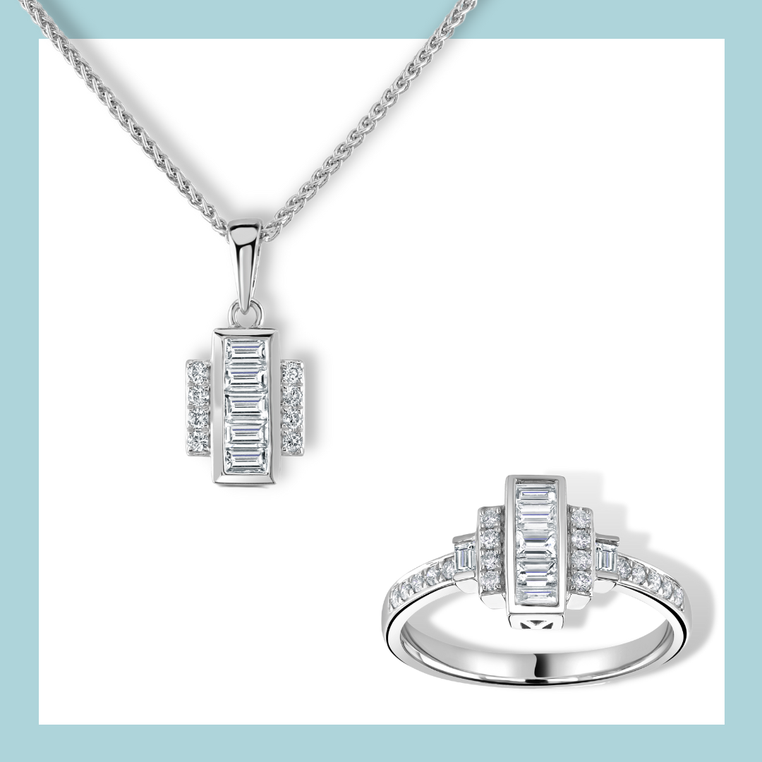 Ketting en ring met baguette geslepen diamanten in een geometrisch design, gezet in zilver.