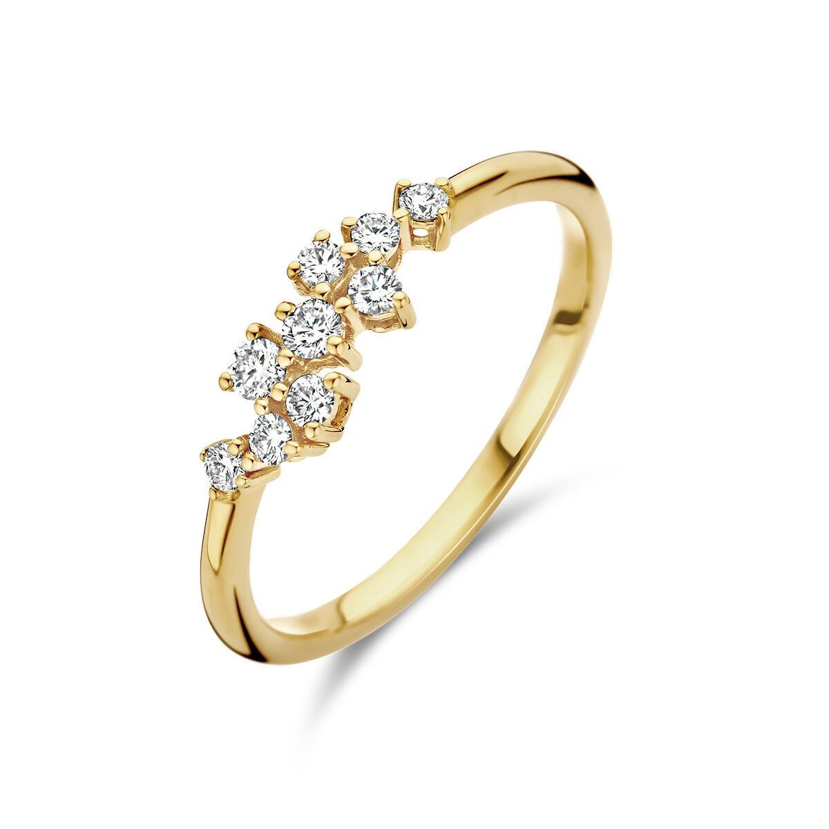 Gouden ring met kleine diamanten, in een gebogen arrangement.