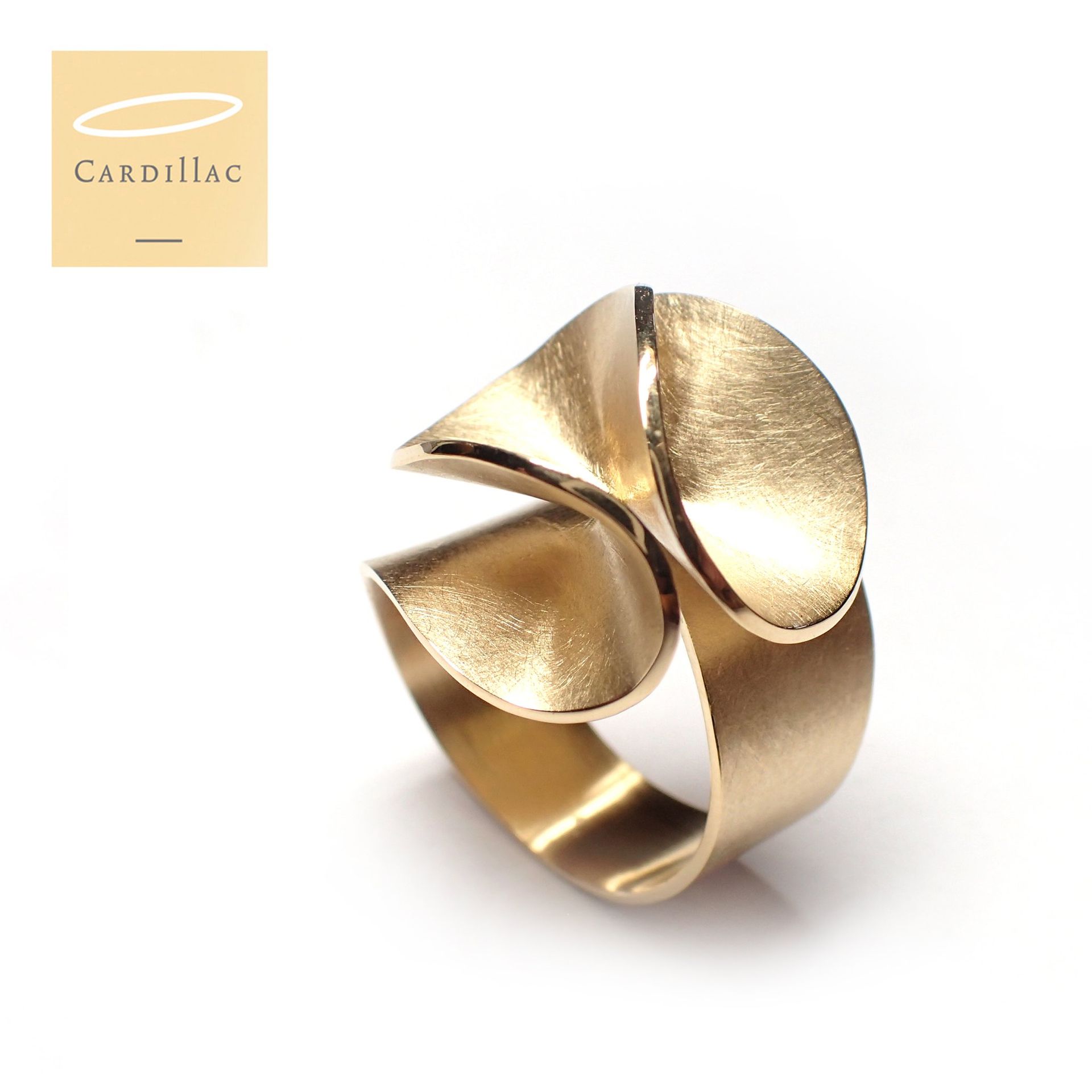 Goudkleurige, abstracte ring met een gebogen, gelaagd ontwerp op een witte achtergrond; logo in de linkerbovenhoek.