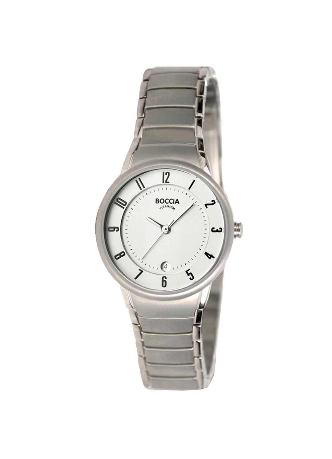 Zilveren polshorloge met witte wijzerplaat en datumweergave, op een witte achtergrond.