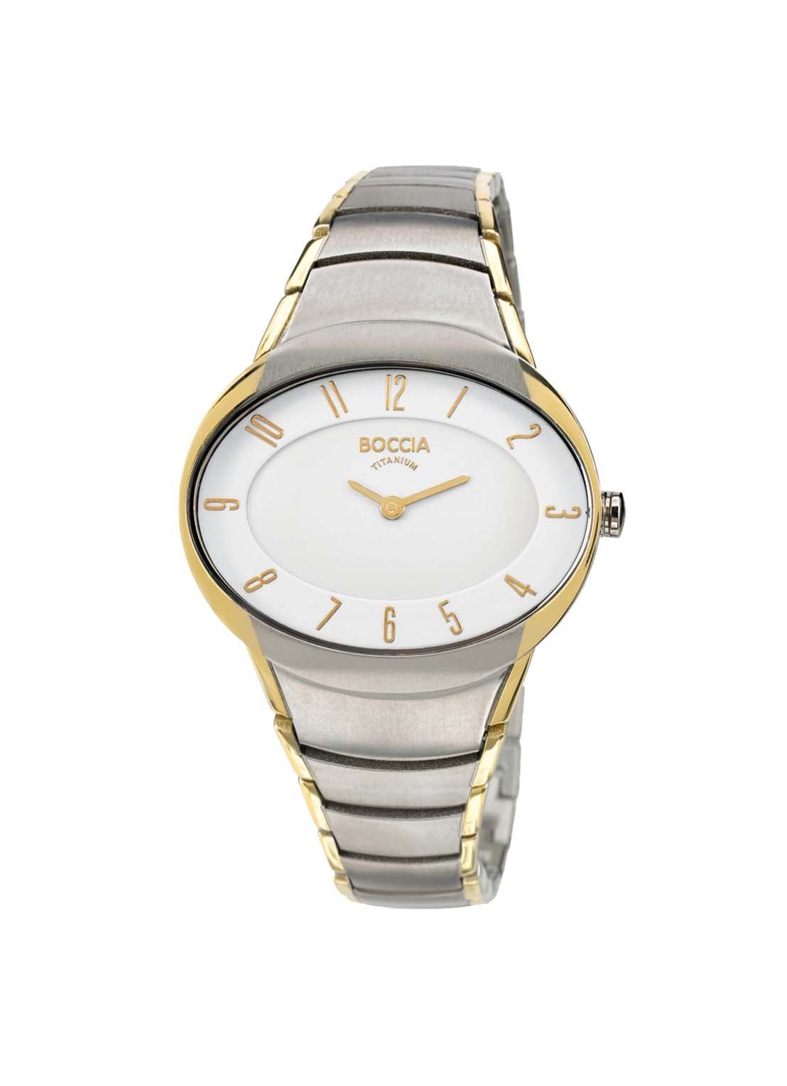 Boccia polshorloge van goud en zilver met witte wijzerplaat en ovale vorm.