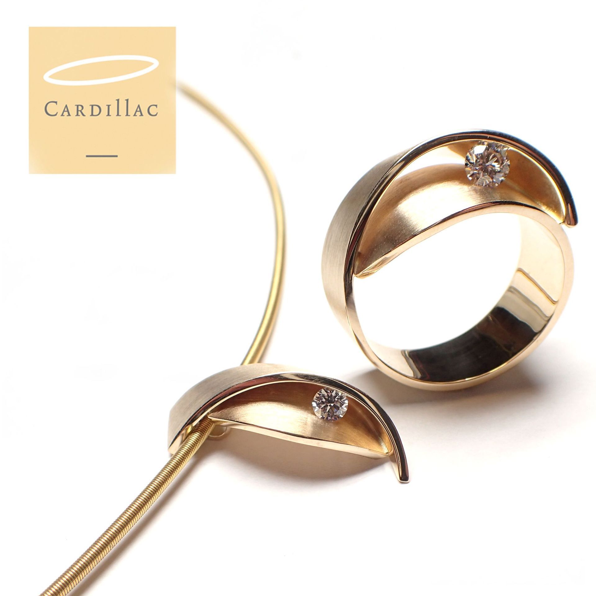 Gouden sieradenset met diamanten accenten. Ring en hanger met gebogen bladachtige ontwerpen.