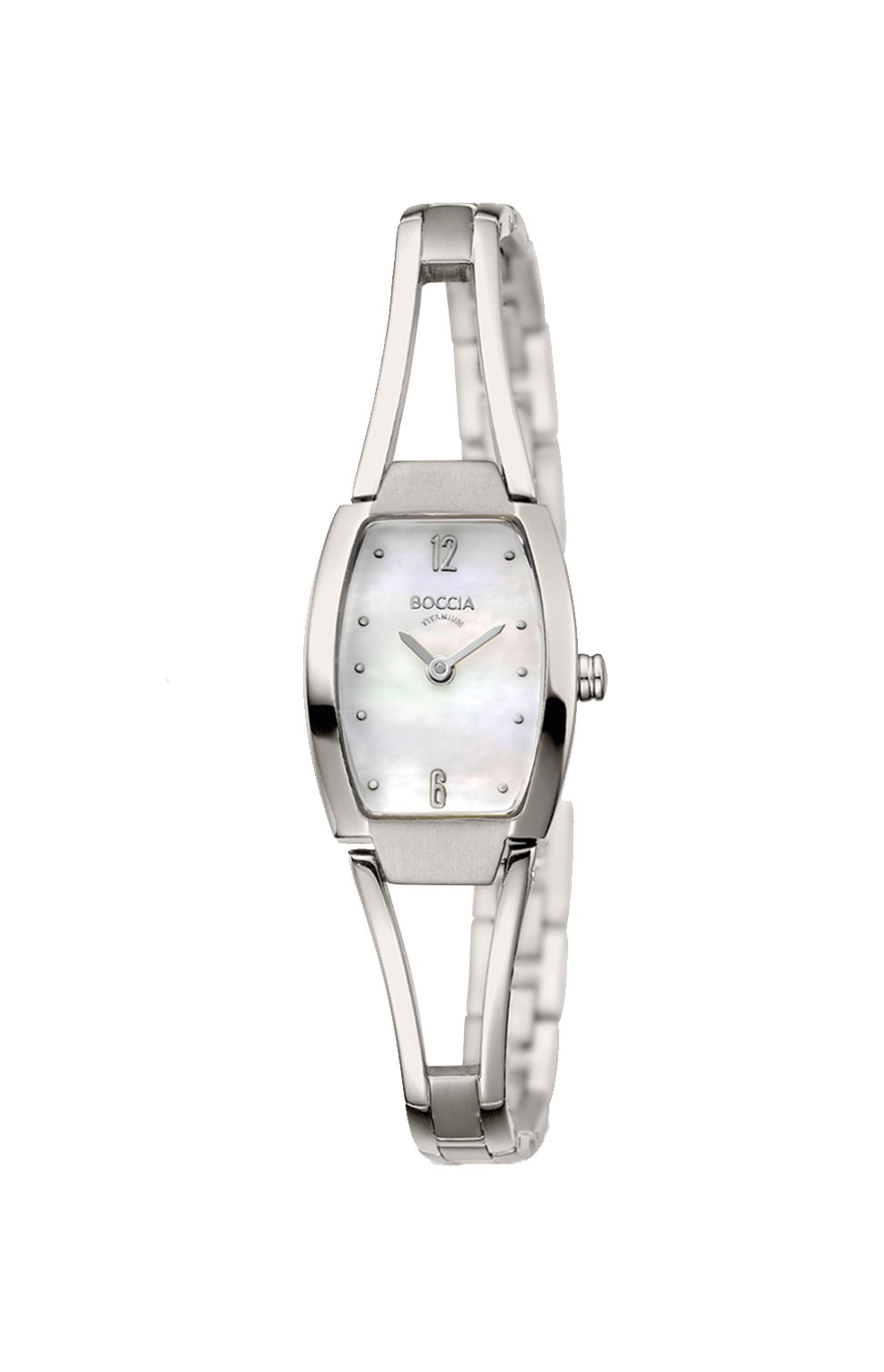 Zilveren Voga damespolshorloge met parelmoeren wijzerplaat en schakelband.