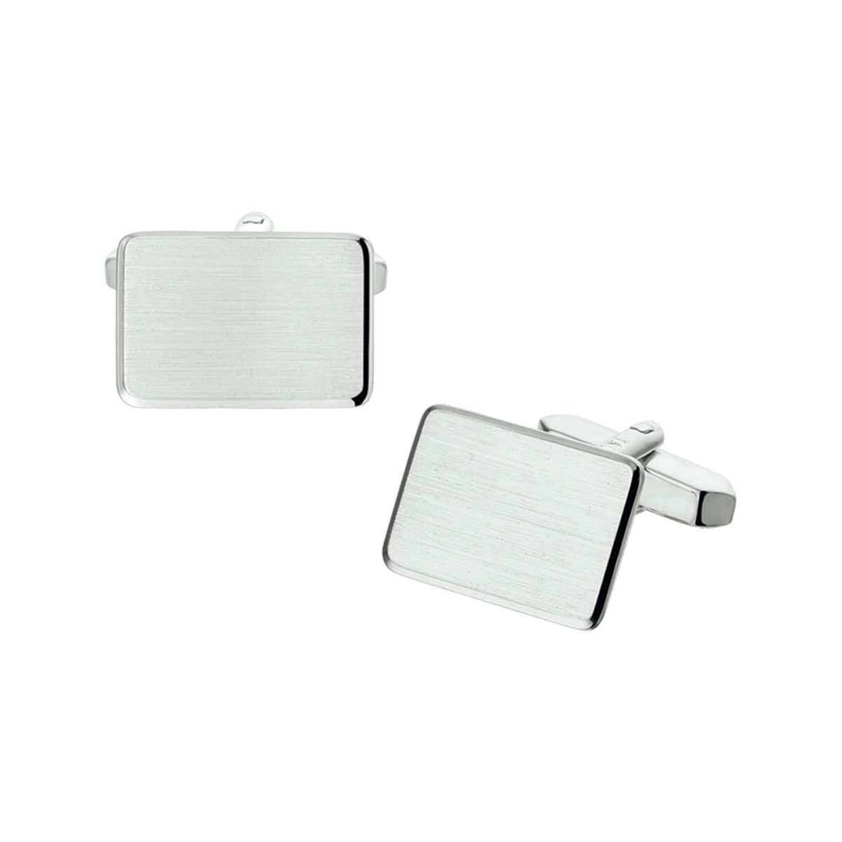 Rechthoekige manchetknopen van zilver met een geborsteld metalen oppervlak, één geïsoleerd, één in gebruik.