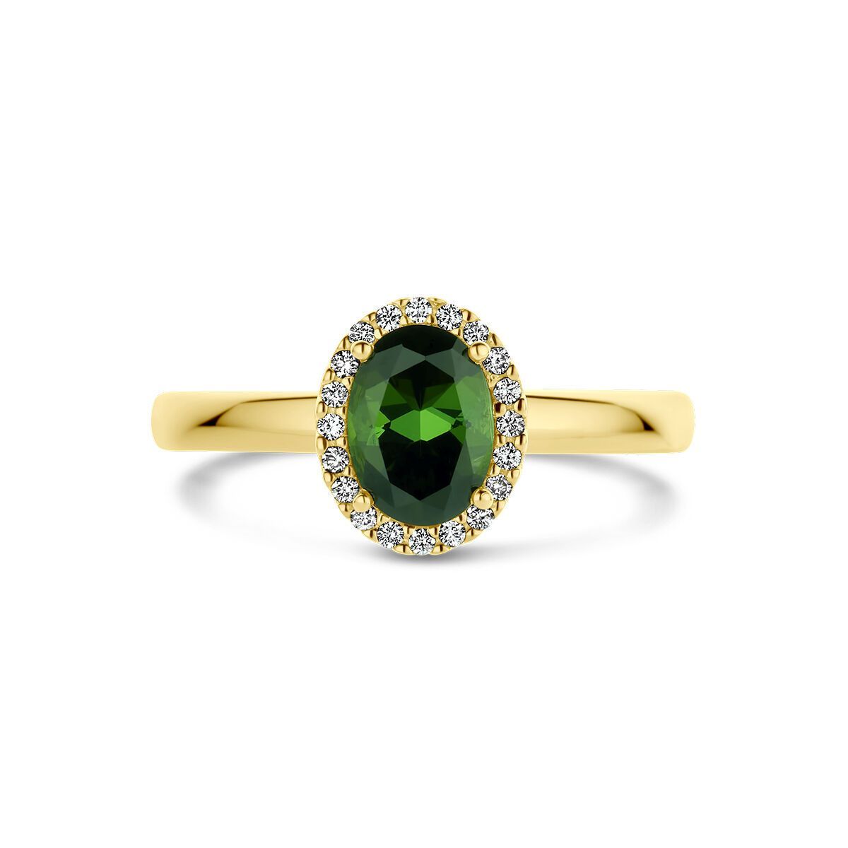 Gouden ring met ovale groene edelsteen, omringd door kleine diamantjes.