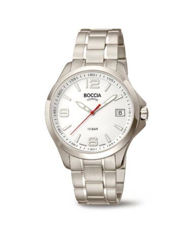 Zilveren Boccia horloge met witte wijzerplaat, datumweergave en bijpassende metalen band.