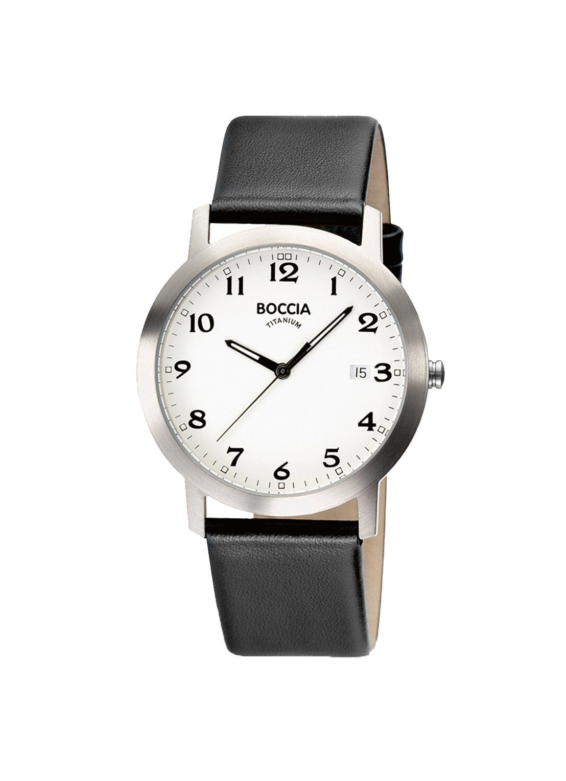 Horloge met zilveren kast, witte wijzerplaat, zwarte cijfers en zwarte leren band.