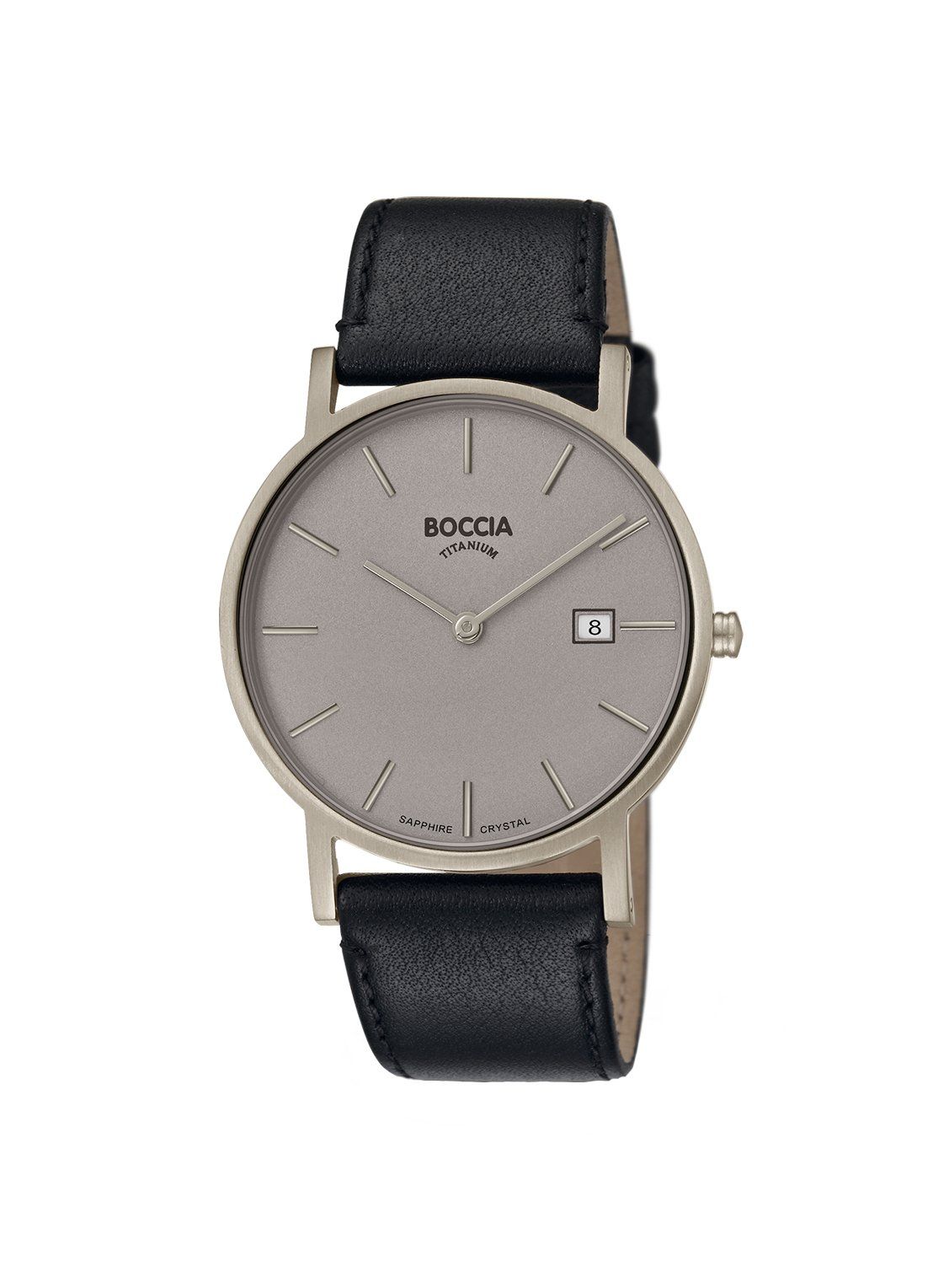 Zilveren polshorloge met grijze wijzerplaat, zwarte leren band en datumweergave.