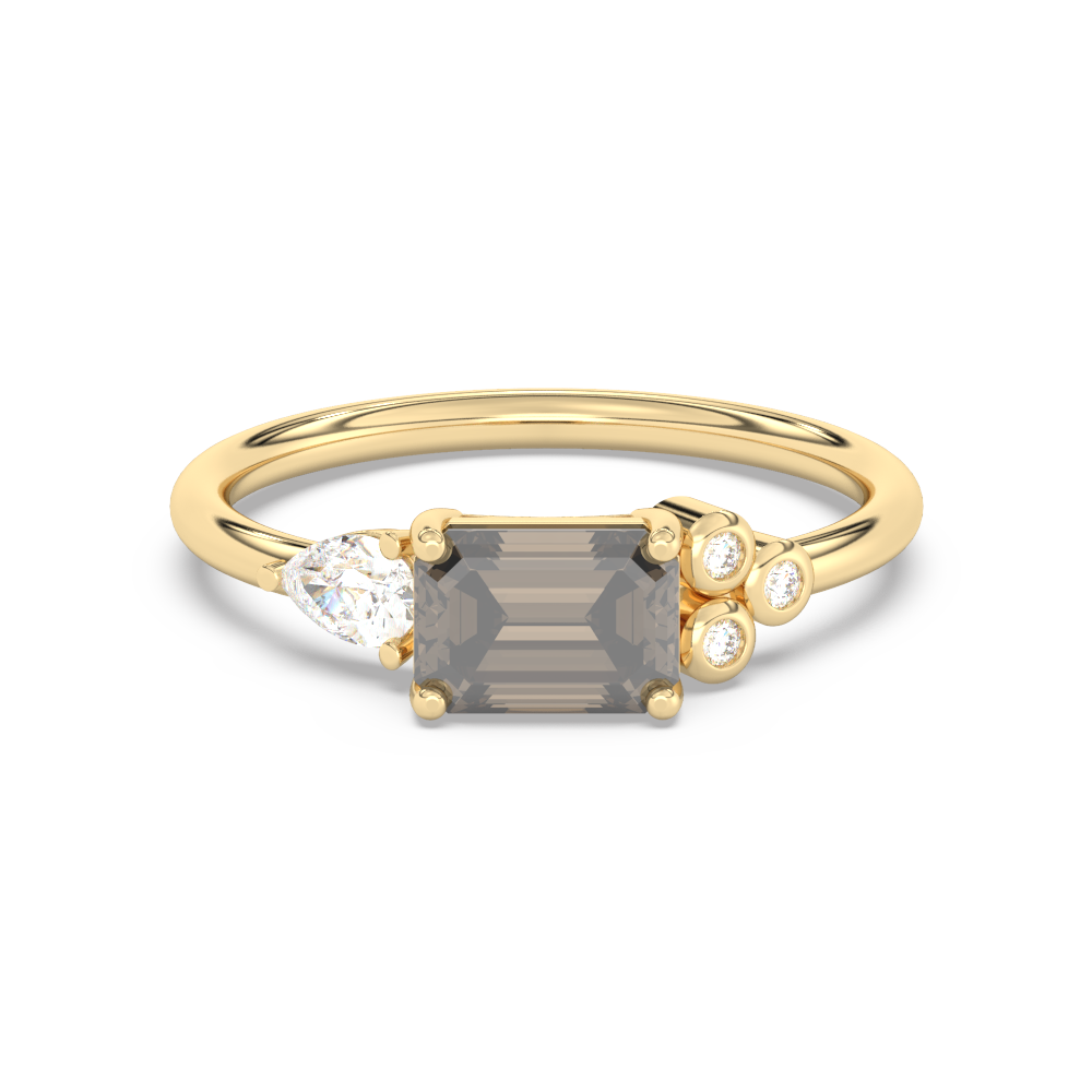 Gouden ring met een rechthoekige grijze edelsteen en witte accentstenen.
