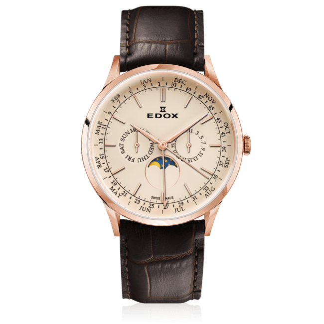 Horloge van roségoud met crèmekleurige wijzerplaat, bruine leren band en dag-/maand-/maanfasewijzerplaten.