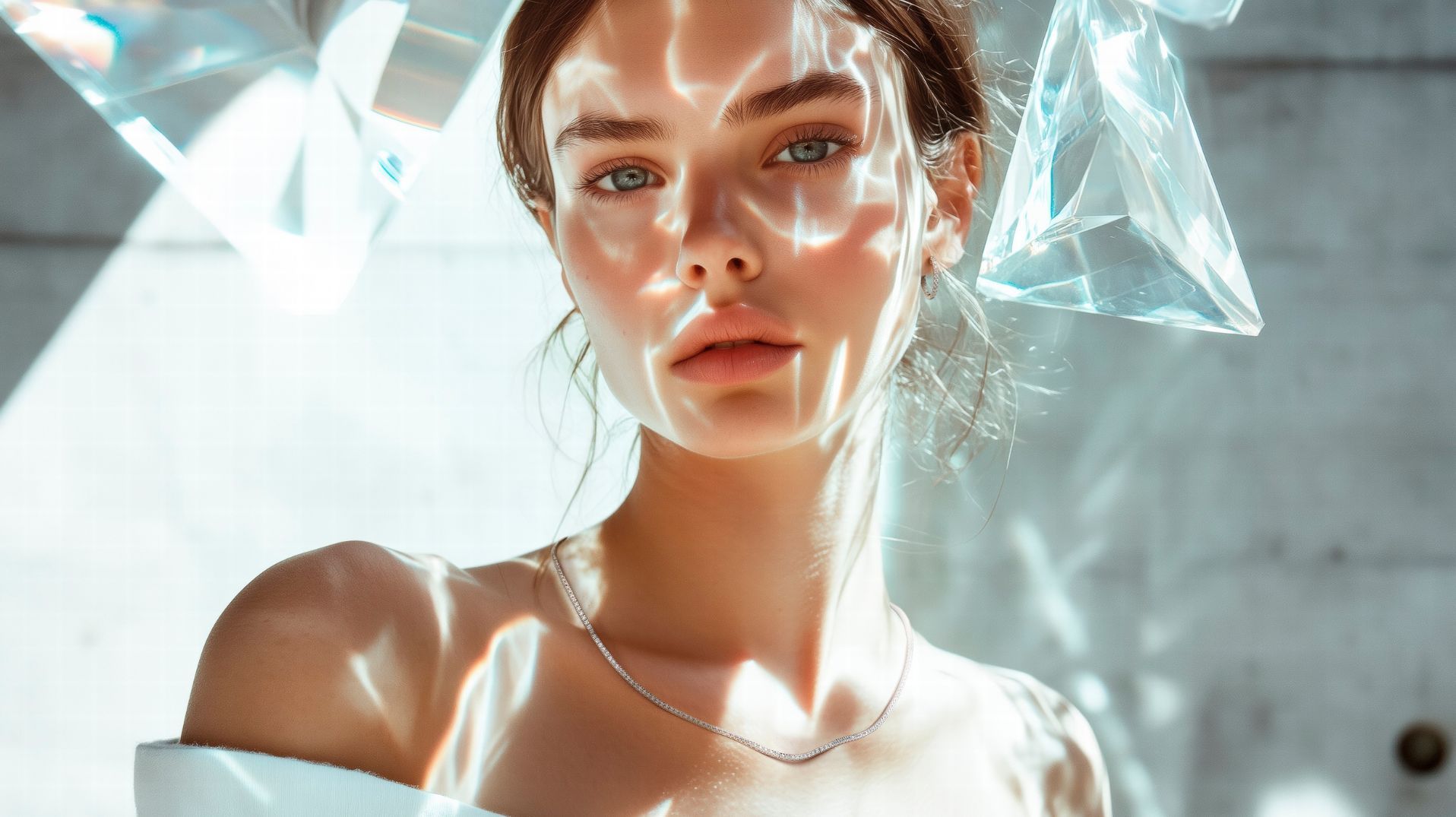 Vrouw met lichte huid, in zacht licht, bijna prisma-achtige vormen.