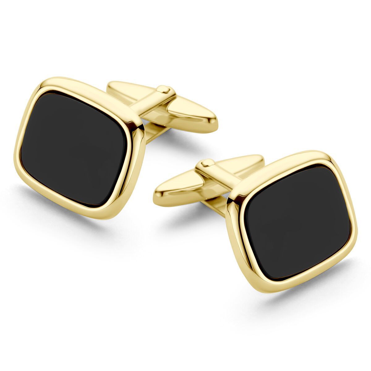 Gouden manchetknopen met zwarte rechthoekige inzetstukken.