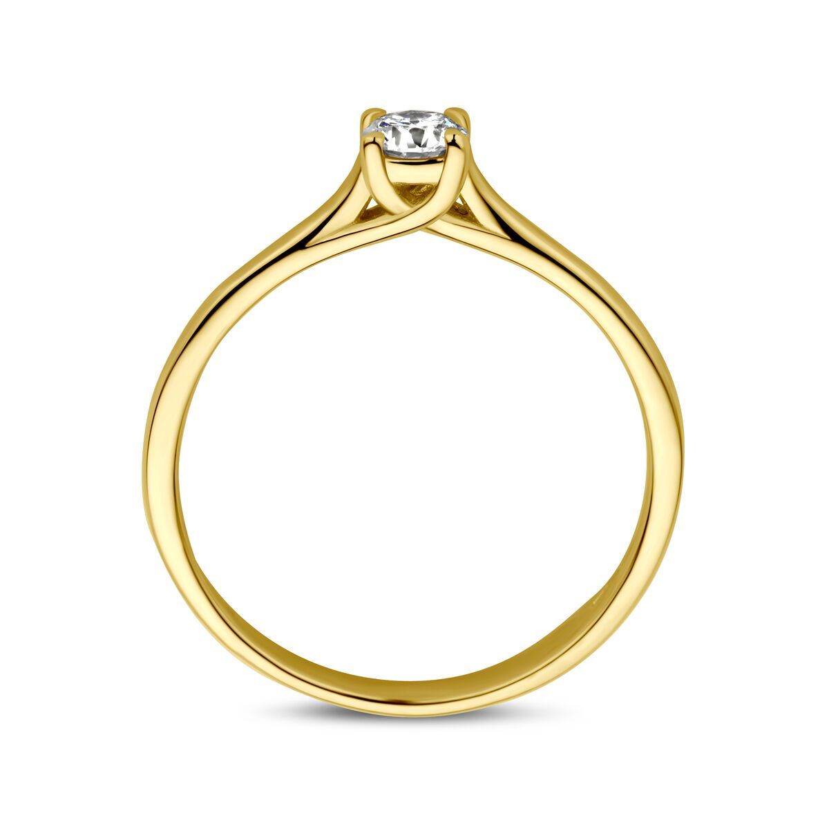 Gouden solitaire verlovingsring met ronde diamant.