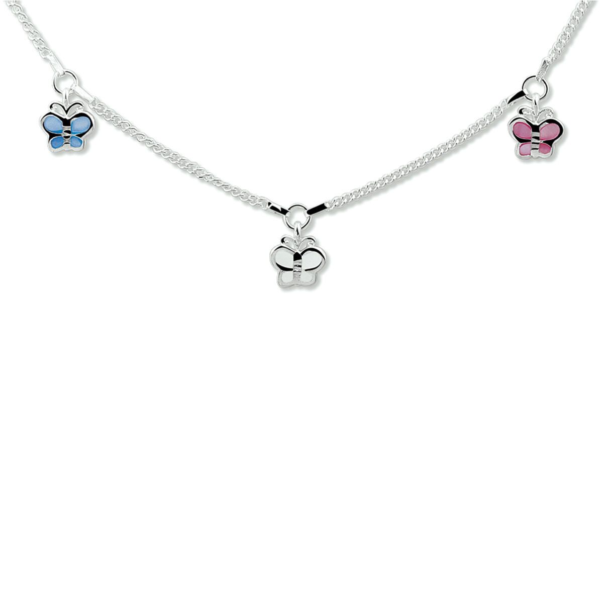 Zilveren ketting met drie kleurrijke vlinderbedels.