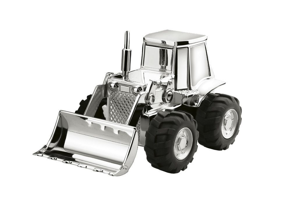 Zilveren metalen speelgoedtractor met voorlader.