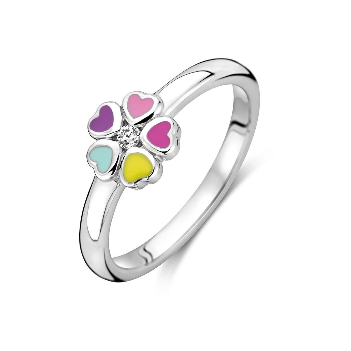 Zilveren ring met een bloem van kleurrijke geëmailleerde hartjes.