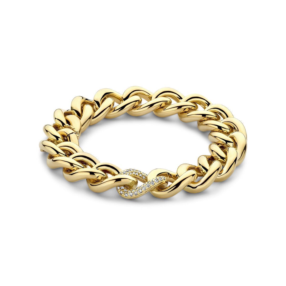 Gouden kettingarmband met een sluiting bezet met diamanten.