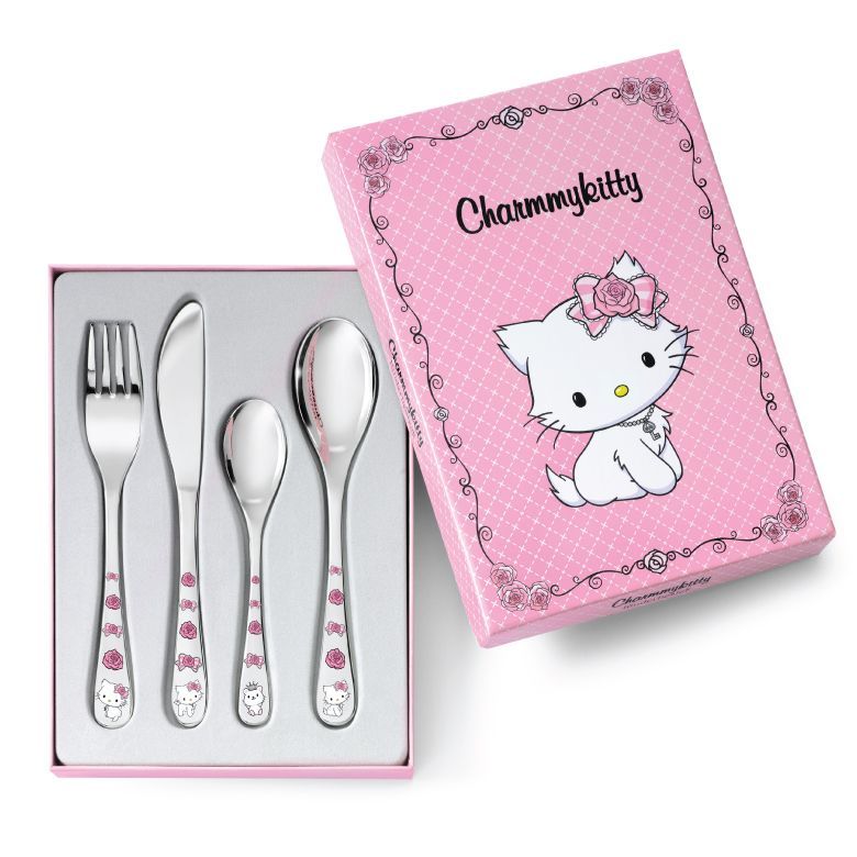 Hello Kitty bestekset in roze doos. Inclusief vork, mes, lepel en theelepel.