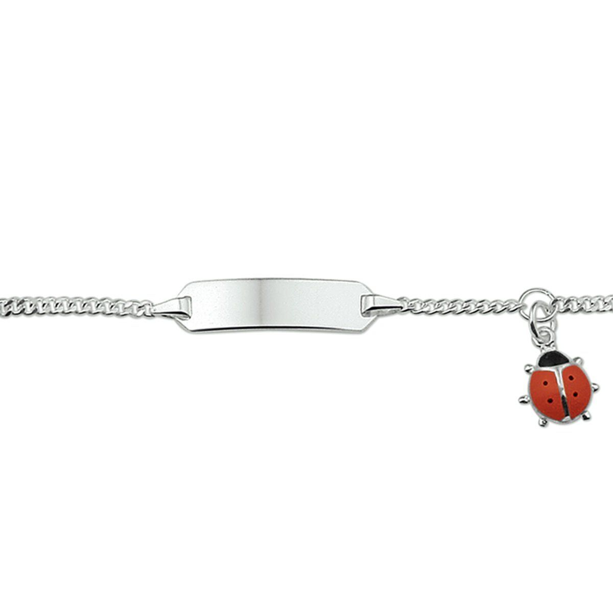 Zilveren armband met blanco identificatieplaatje en rode lieveheersbeestje-bedel.
