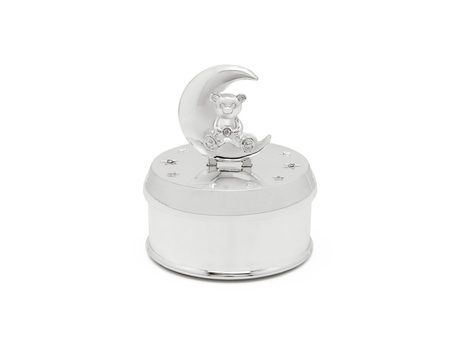 Zilverkleurig muzikaal sieradendoosje met teddybeer op halve maan.