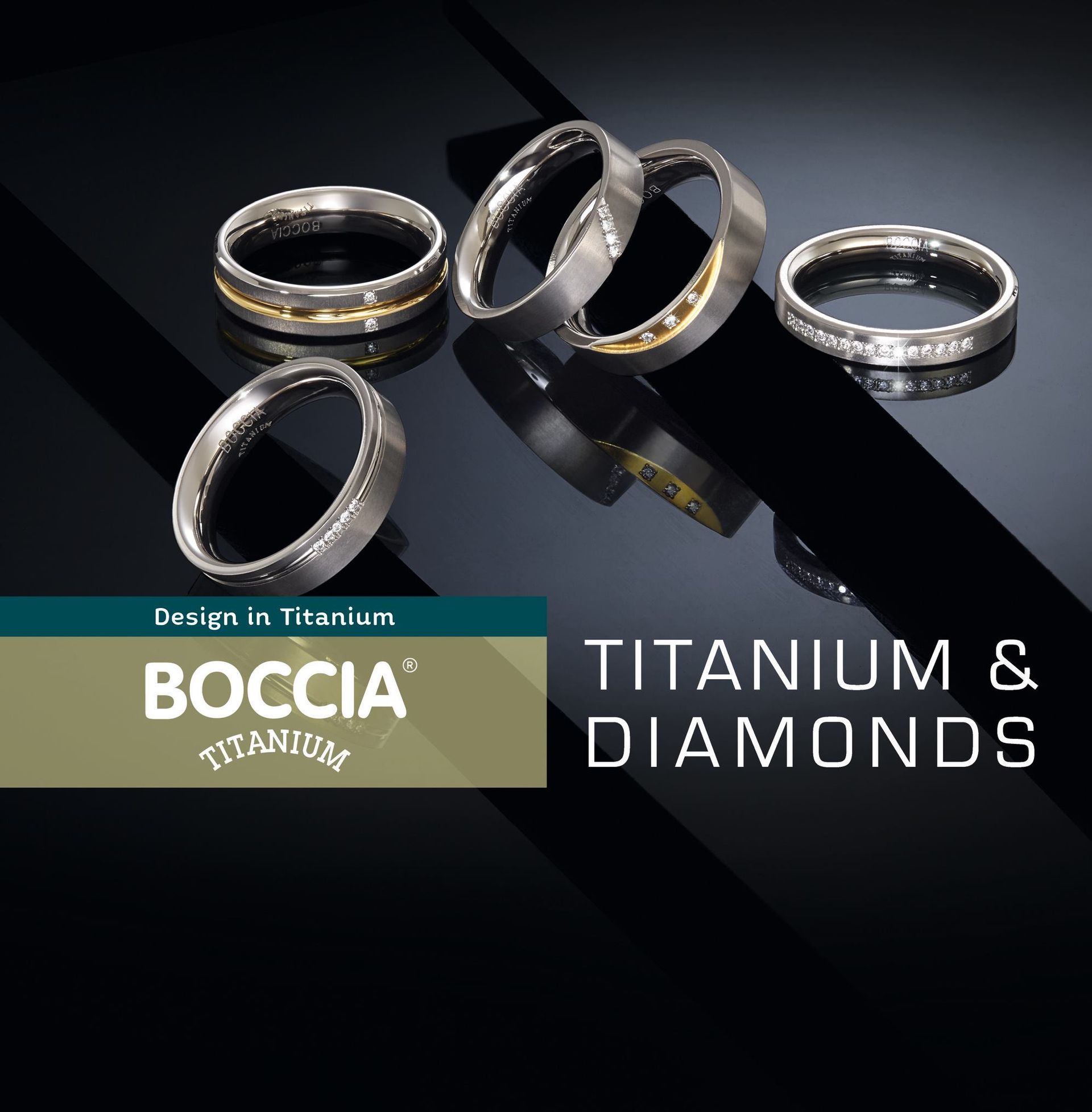 Titanium en diamanten ringen op een reflecterend oppervlak; Boccia Titanium logo.