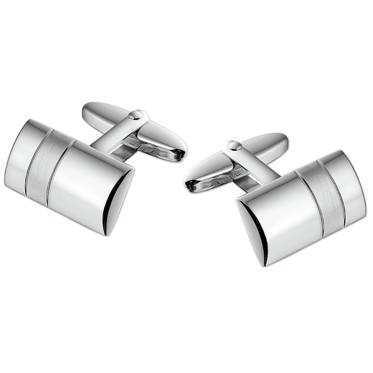 Zilveren manchetknopen met een cilindervorm en een gegroefde band.