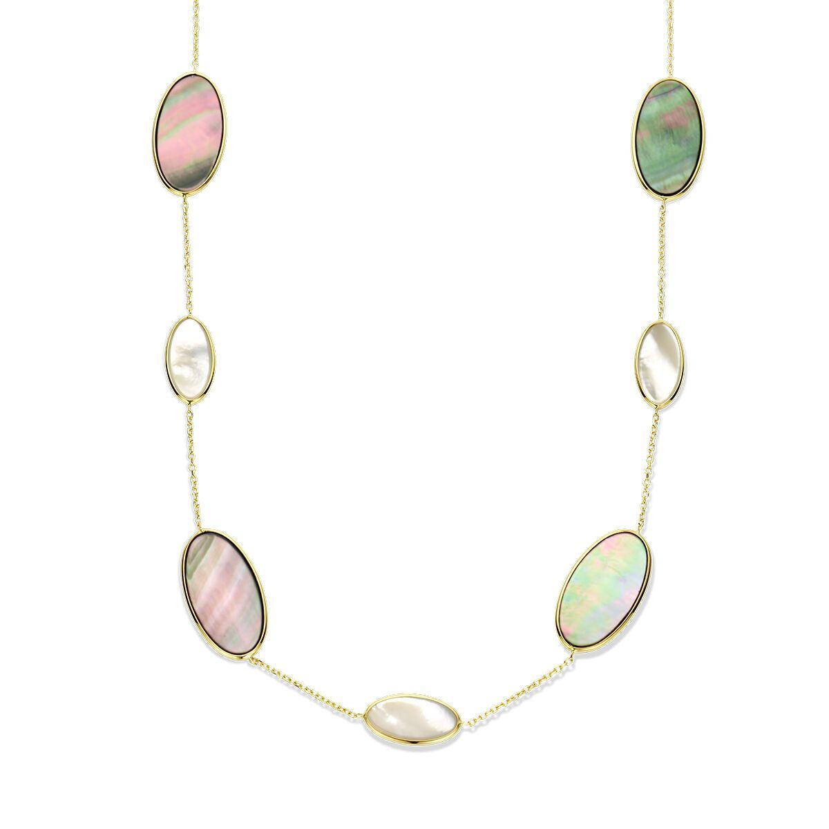 Gouden ketting met ovale, iriserende, roze, groene en witte parelmoer hangers.