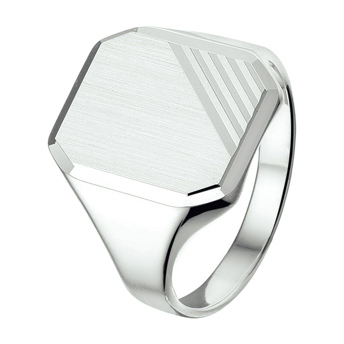 Zilveren zegelring met een achthoekige wijzerplaat; geborstelde textuur op de wijzerplaat met een gestreept detail aan één kant.