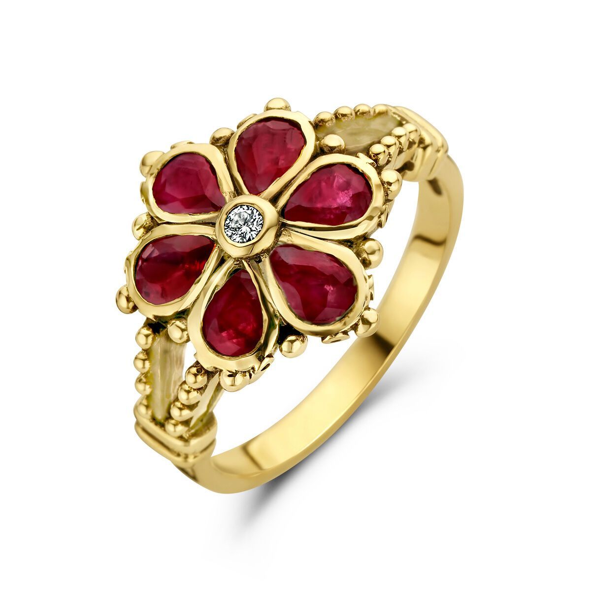 Gouden ring met een robijnrode bloem en een diamant in het midden.