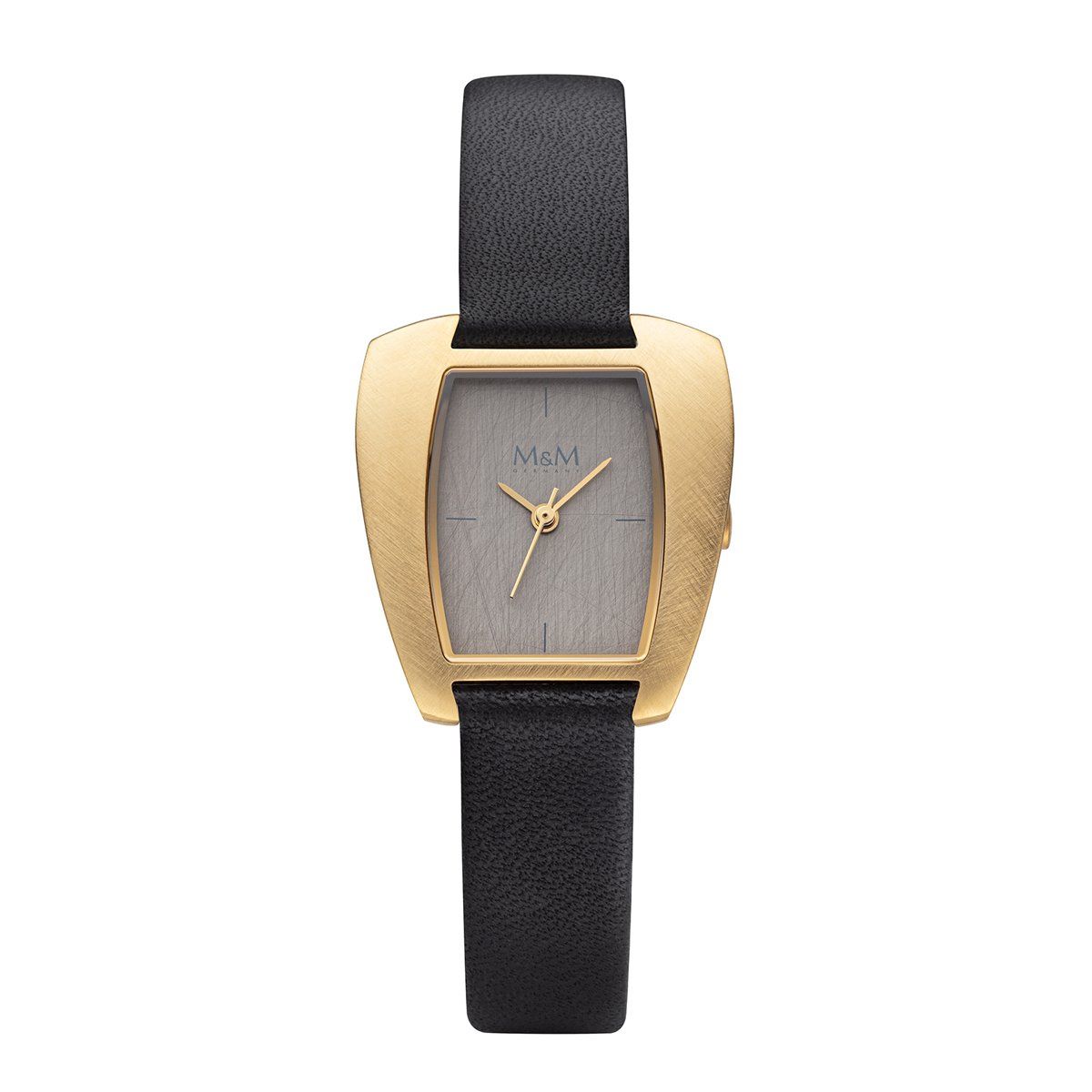 Goudkleurig horloge met grijze wijzerplaat, zwarte leren band en minimalistisch design.