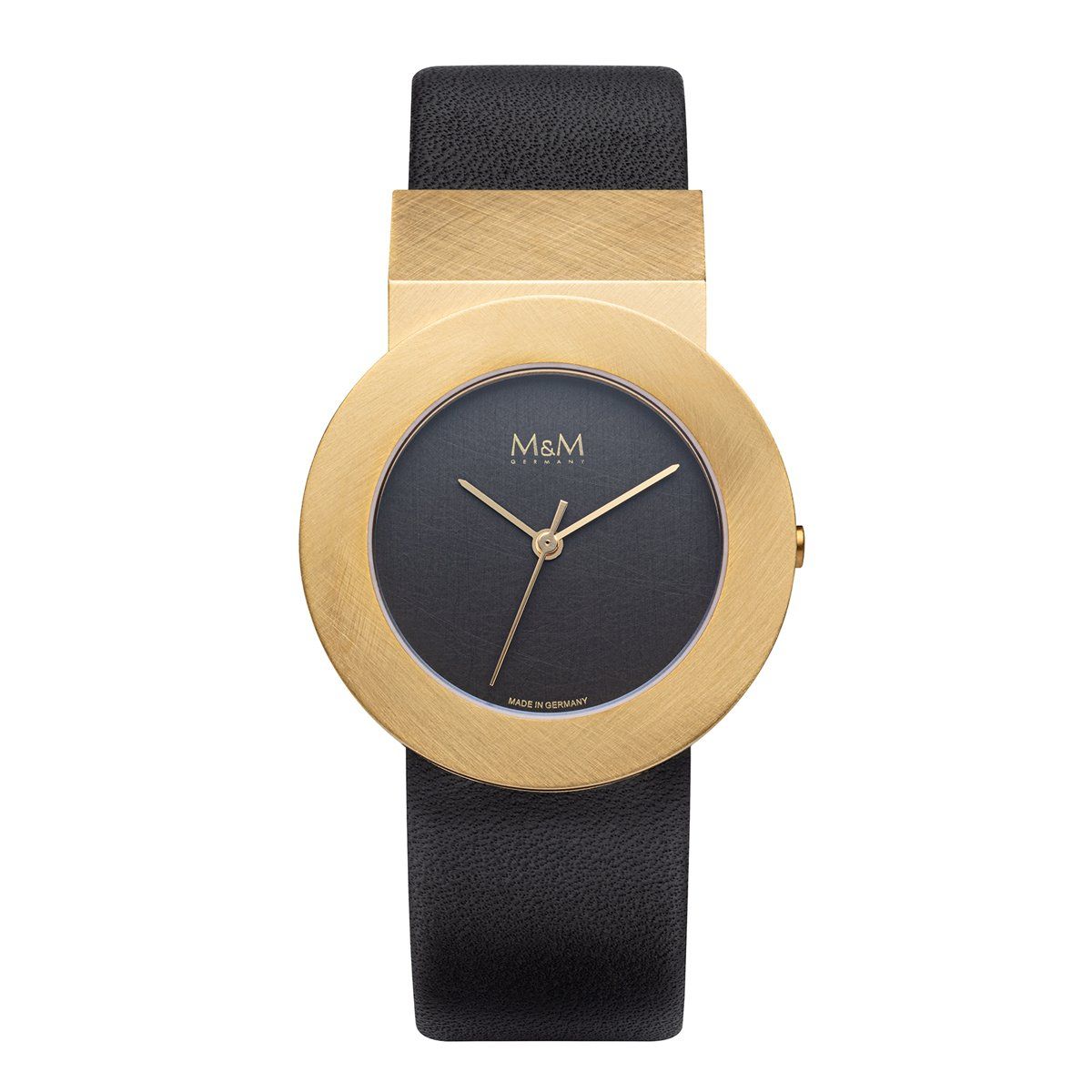 Goudkleurig horloge met zwarte wijzerplaat en zwarte leren band.